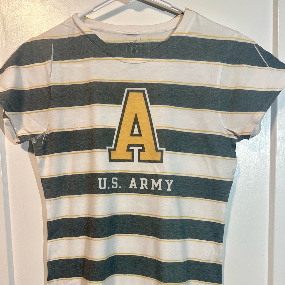 Green and white striped graphic tee, medium